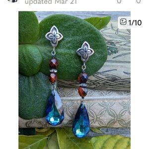 Vintage Sterling Garnet and Swarovski Crystal, Blue Drop Earrings
